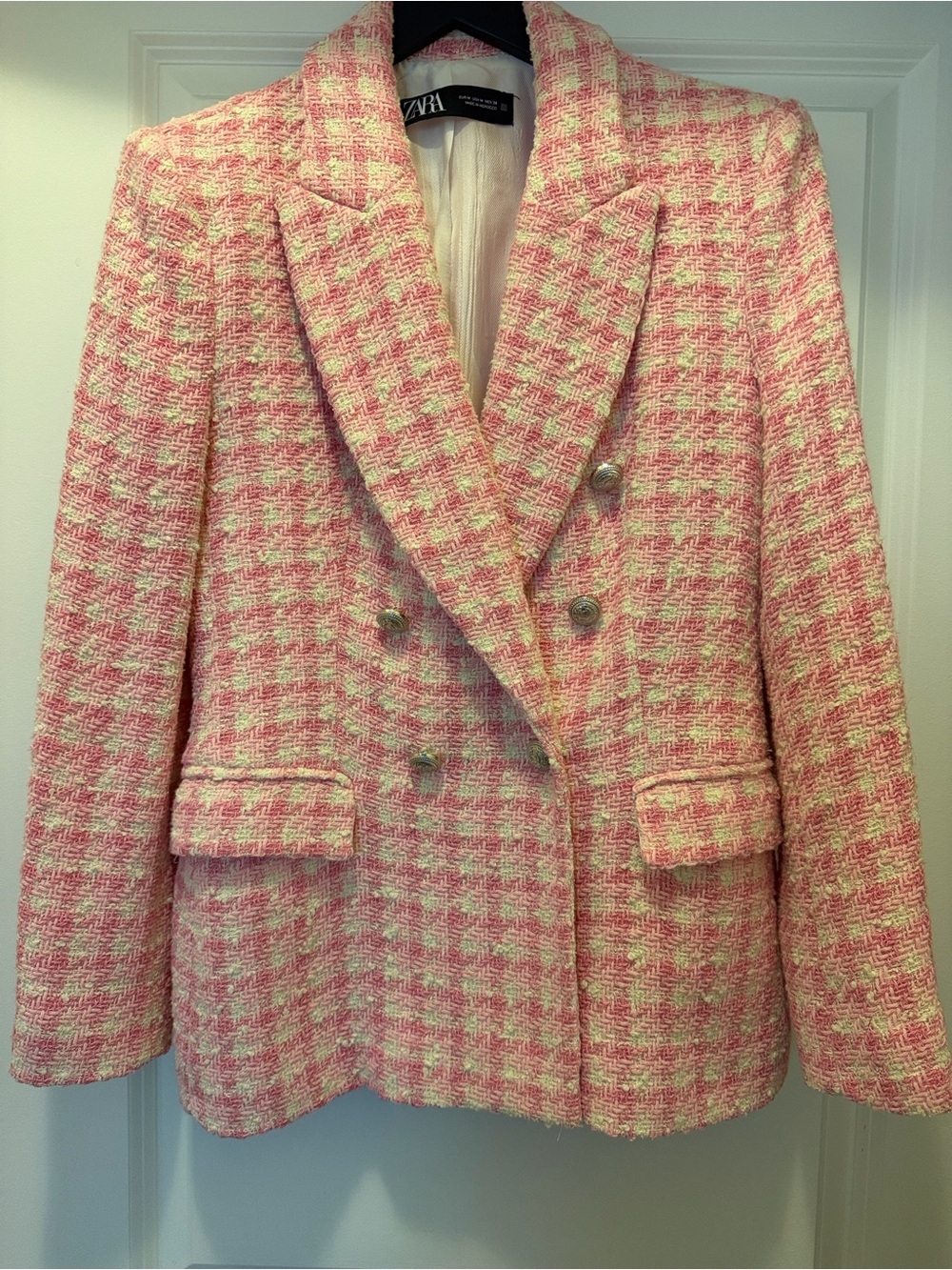 Zara Pink & Cream Tweed Double-Breasted Blazer